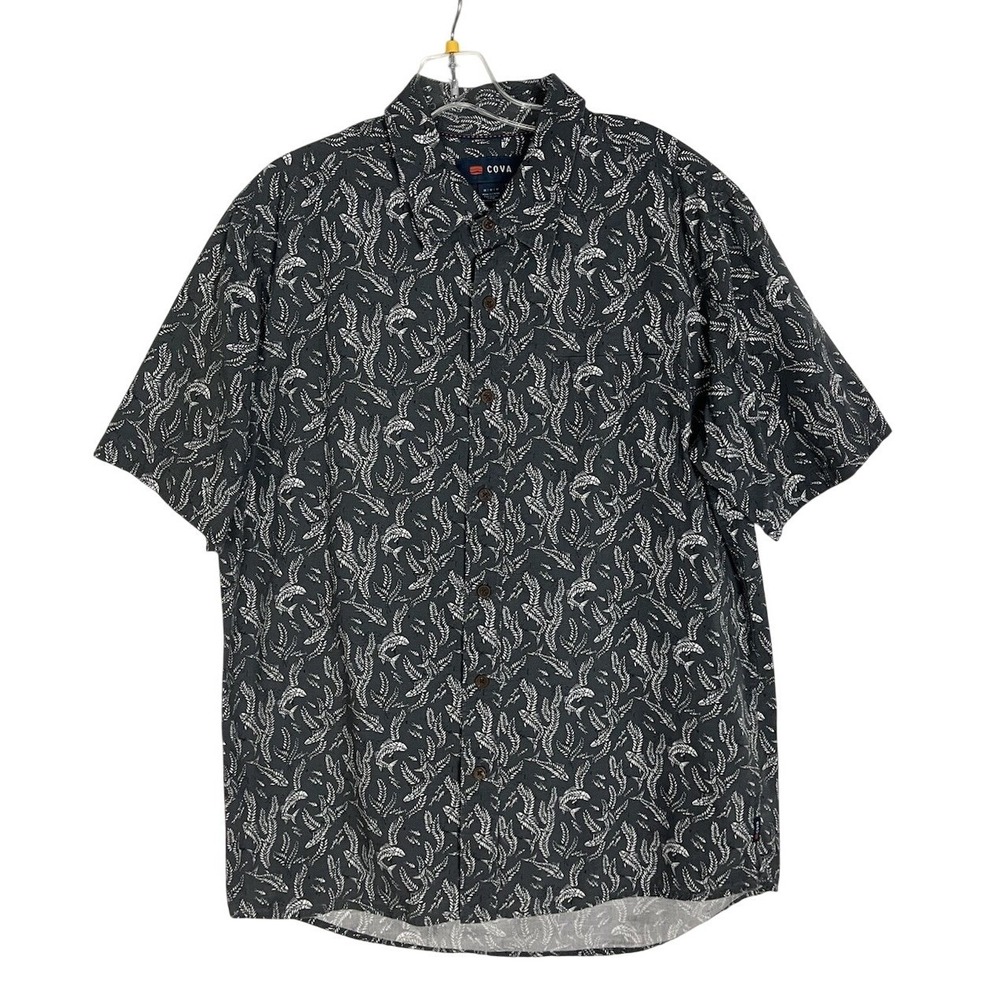 Cova Fish Printed Short Sleeve Button Up Mens Size M Cotton Blend Dark Gray